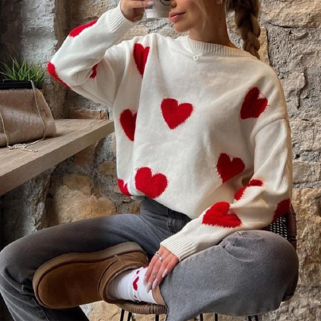 Damen Oversize Rundhalspullover mit Herz-Jacquard und gerippten Säumen Shop Nory