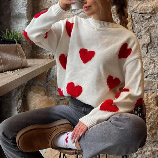 Damen Oversize Rundhalspullover mit Herz-Jacquard und gerippten Säumen Shop Nory