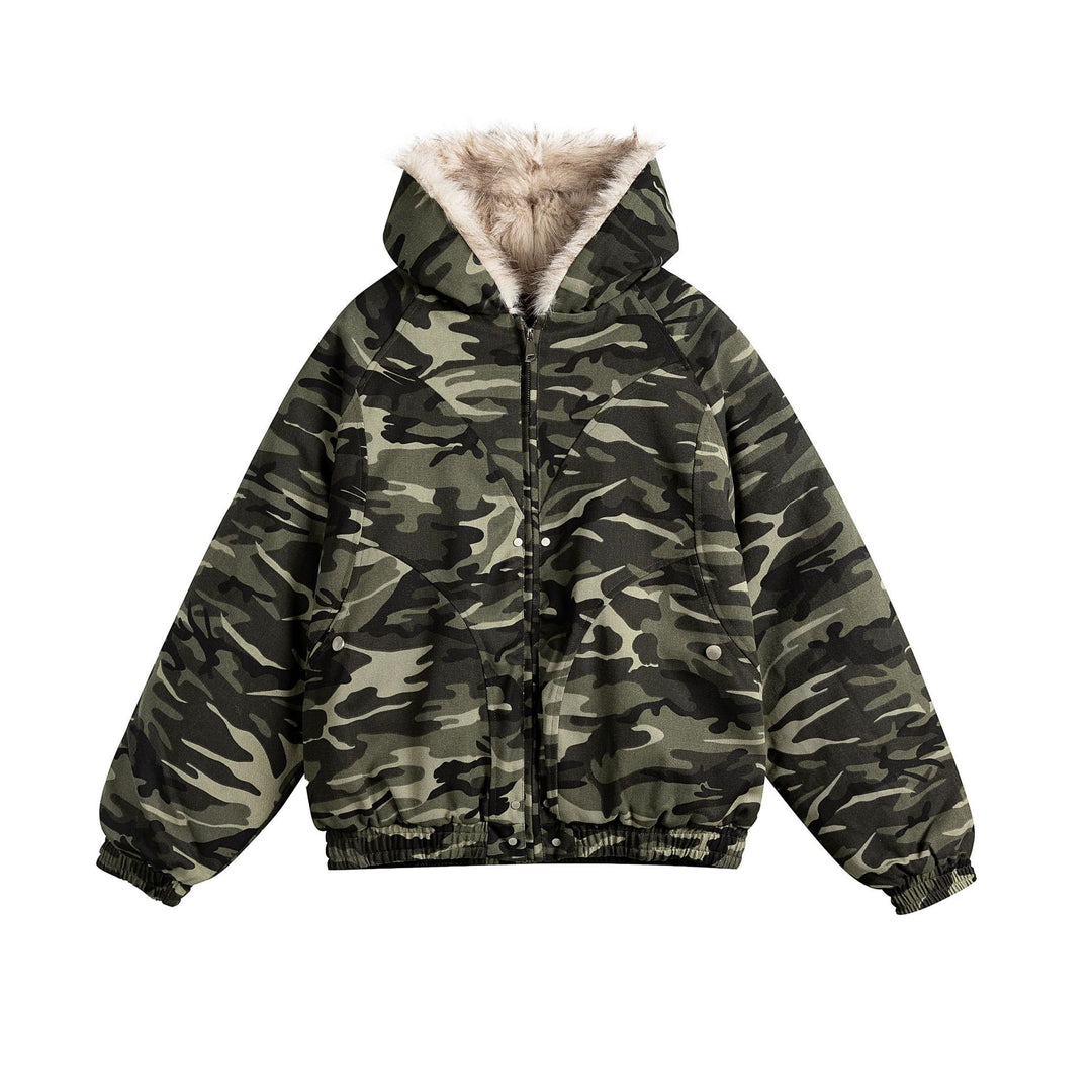 Damen Kurz geschnittene Camouflage-Übergangsjacke mit Kunstfellkapuze und elastischem Saum Shop Nory