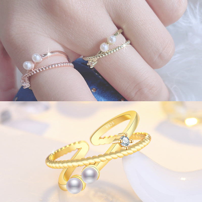 Damen Offener Ring mit doppeltem Perlen-Design und funkelndem Zirkonia Shop Nory