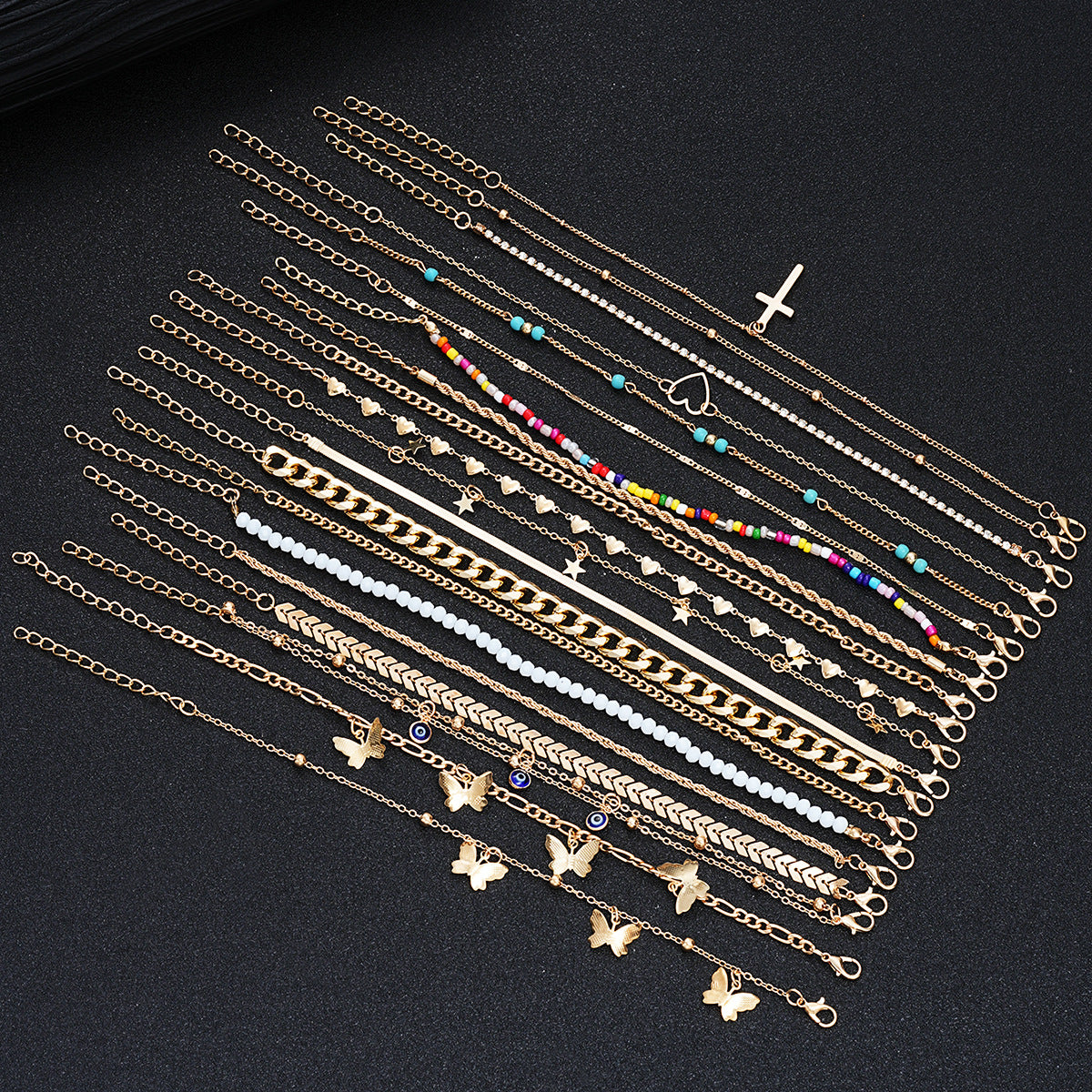 Damen Fußkettchen-Set mit zeitlosen goldenen und bunten Anhängern Shop Nory