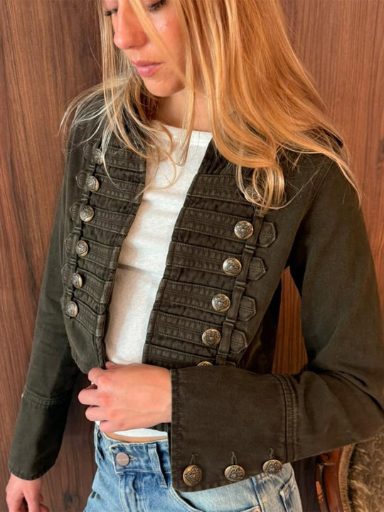 Damen Militärisch inspirierte taillierte Kurzjacke mit Zierfalten und Metallknöpfen Shop Nory