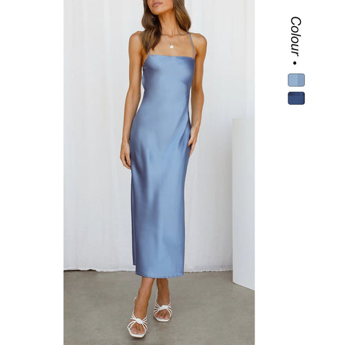 Damen Satin Maxikleid mit Spaghetti-Trägern und elegantem Schnitt Shopnory
