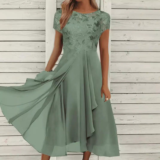 Damen nan elegantes Chiffon-Midikleid mit floraler Spitzenapplikation und fließendem Tellerrock