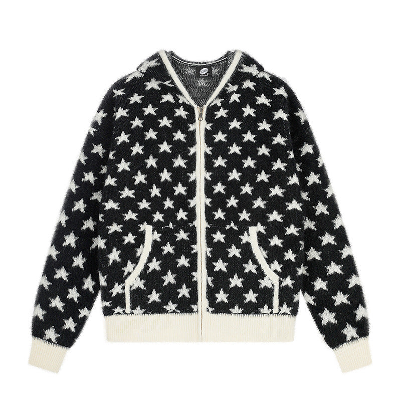 Damen Flauschige Strick-Zipjacke mit Allover-Sternmuster, Kängurutaschen und Rippbündchen Shop Nory