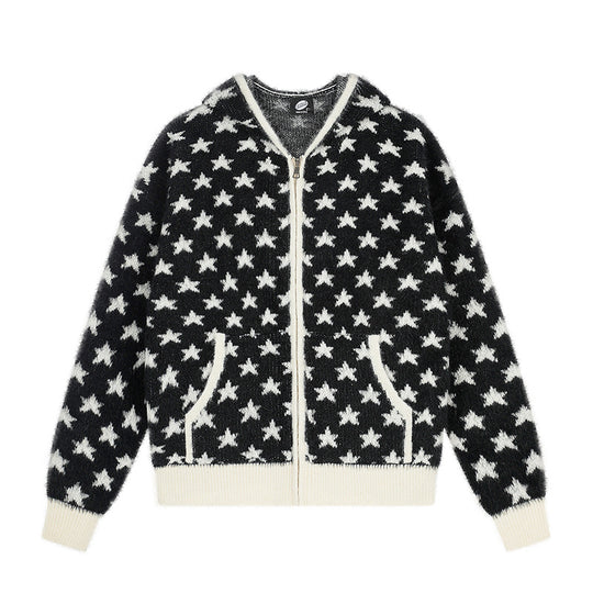Damen Flauschige Strick-Zipjacke mit Allover-Sternmuster, Kängurutaschen und Rippbündchen Shop Nory