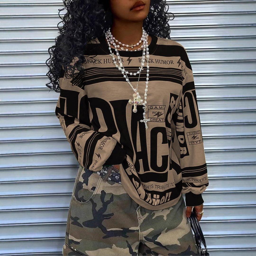 Damen Oversize‑Longsleeve Sweatshirt mit Allover‑Grafik, Rundhalsausschnitt und gerippten Bündchen Shop Nory