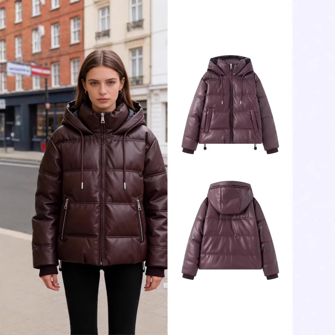 Damen Kurz gesteppte Kunstleder-Pufferjacke mit Kapuze, Tunnelzug und seitlichen Eingrifftaschen Shop Nory