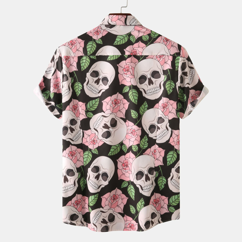 Herren Kurzarmhemd mit kreativem Totenkopf- und Blumenmuster 1757487585