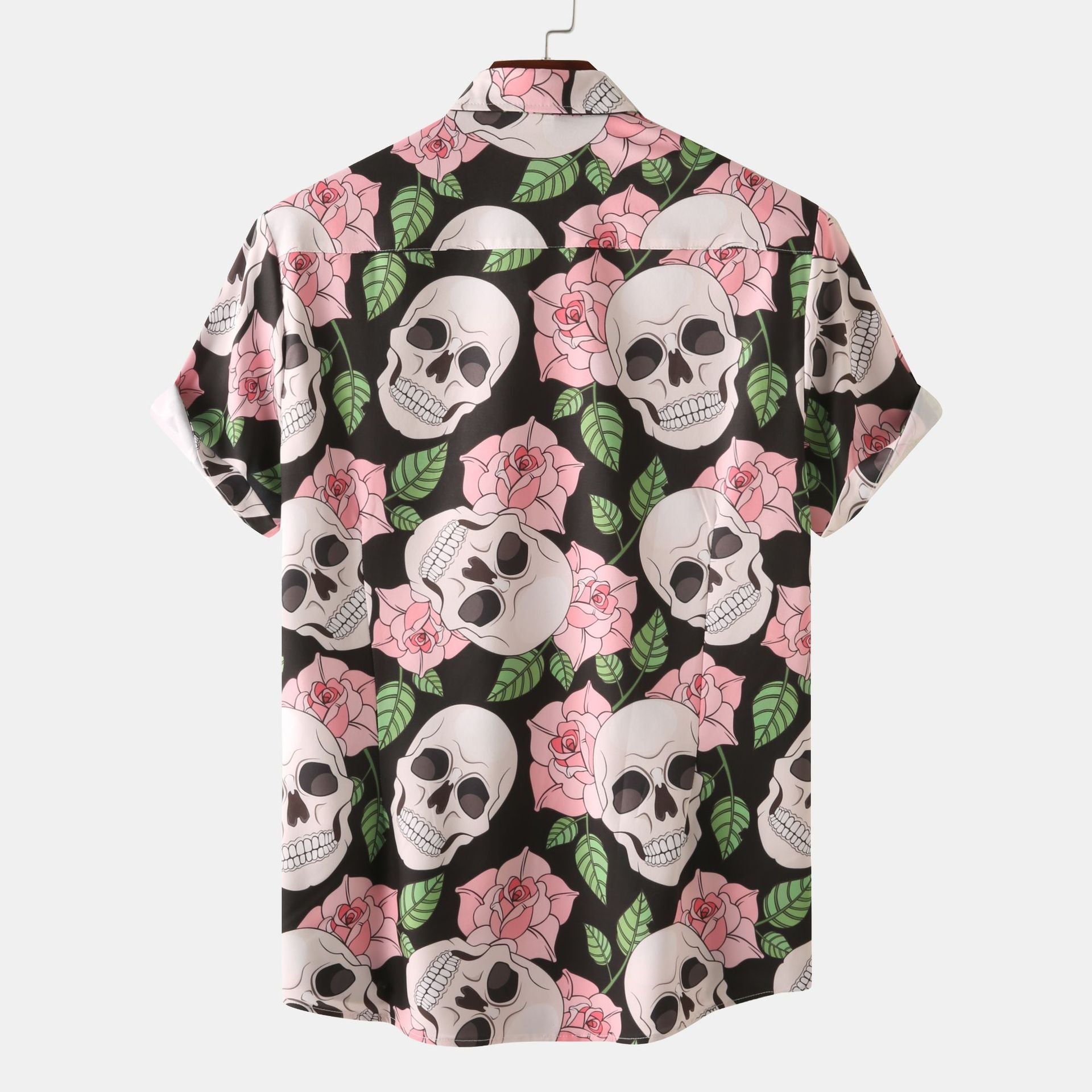 Herren Kurzarmhemd mit kreativem Totenkopf- und Blumenmuster 1757487585