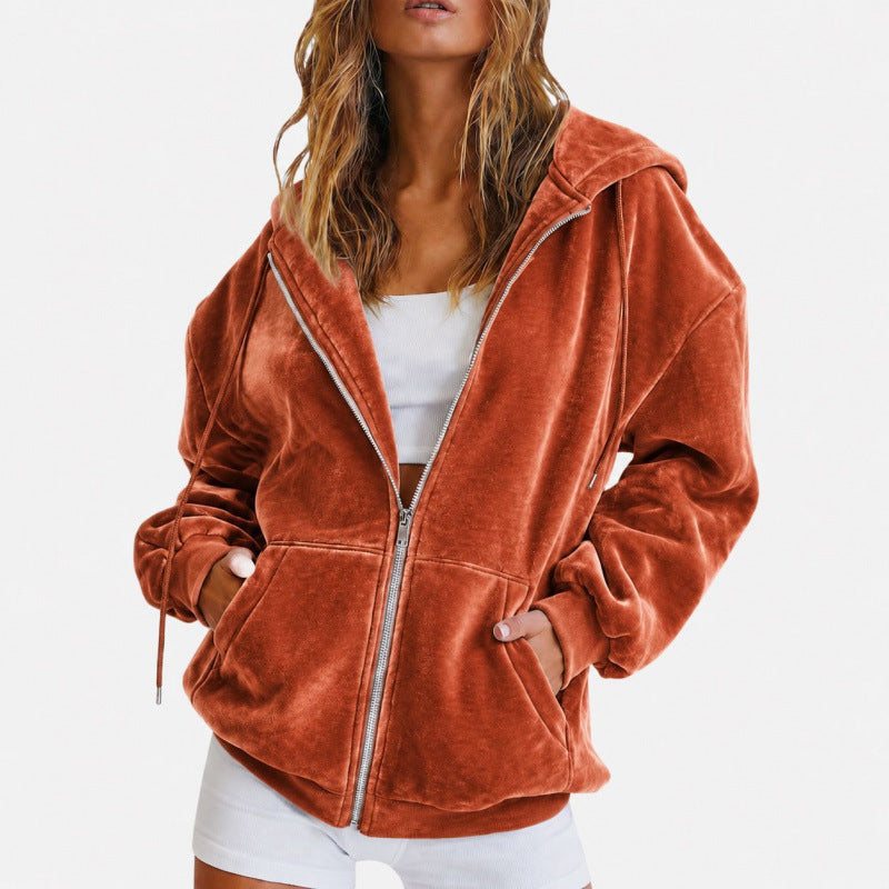 Damen Oversize Velours-Kapuzenjacke mit Reißverschluss Shop Nory