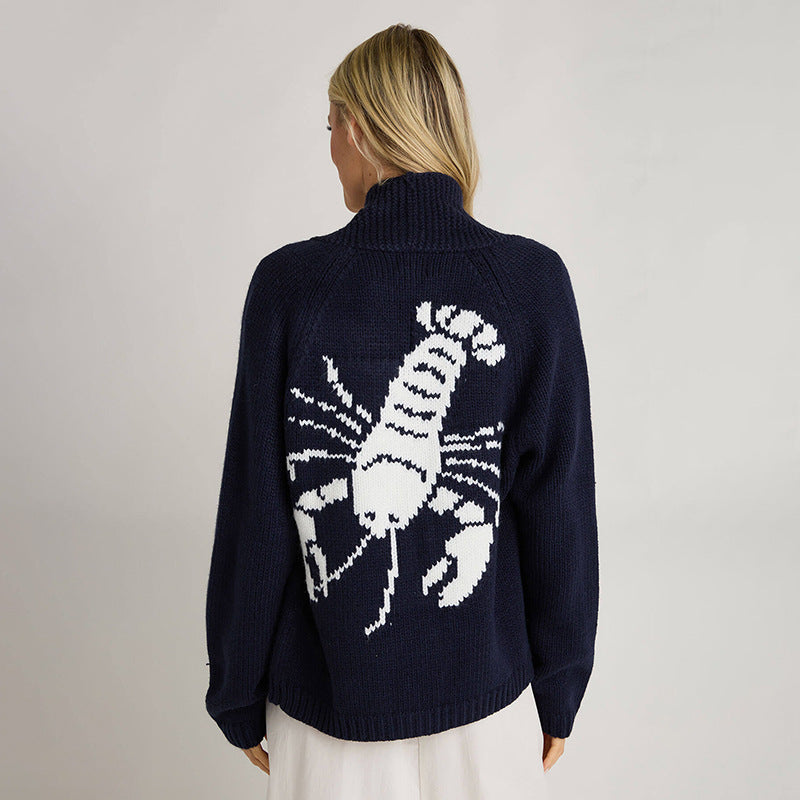 Damen Grobstrick Rollkragenpullover mit Hummer-Intarsie und lässiger Oversize-Passform Shop Nory