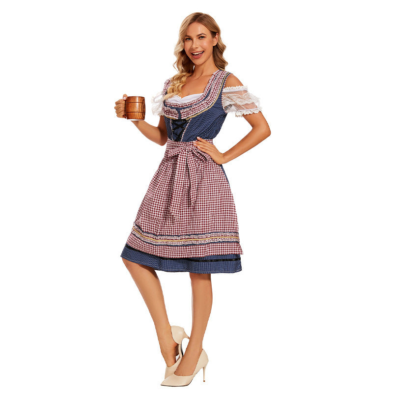 Damen nan traditionelles Trachtenkleid mit Schnürmieder, Spitzenärmeln und karierter Schürze Shop Nory