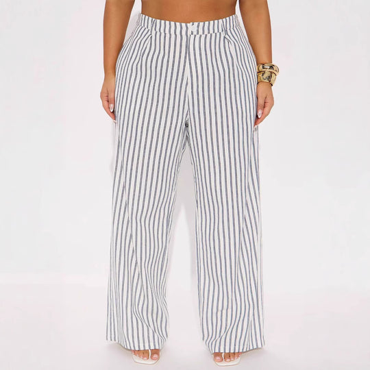 Damen Leinenoptik Palazzo-Hose mit hoher Taille und vertikalen Streifen Shop Nory