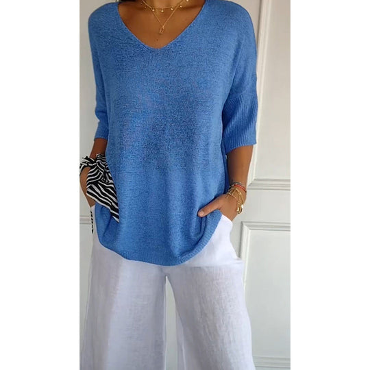 Damen nan locker sitzender V-Ausschnitt Feinstrickpullover mit dreiviertelÄrmeln Shop Nory