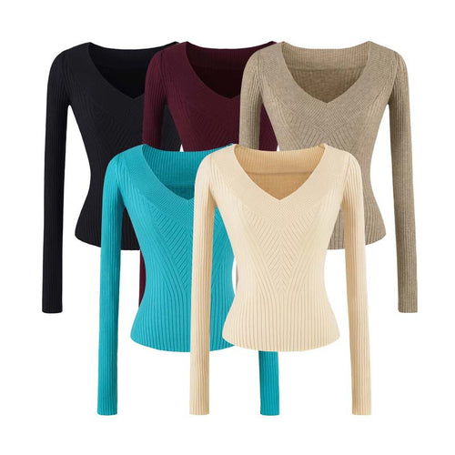 Damen Taillierter Rippstrick-Pullover mit V-Ausschnitt und formgebender Struktur Shop Nory