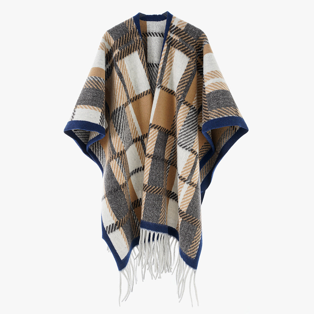 Damen Oversize-Wollmix-Poncho mit Karomuster und Fransensaum Shop Nory