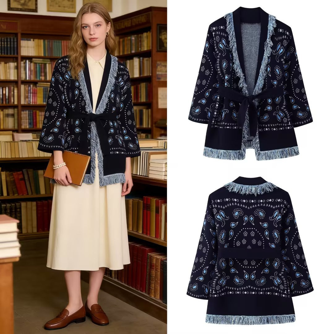 Damen Fransen-Strickjacke mit Paisley-Jacquard, Taillengürtel und offener Kimono-Silhouette Shop Nory