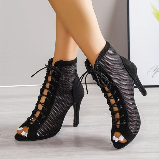 Damen Schnür-Booties mit offener Zehenpartie, Mesh-Einsätzen und Denim-Optik Shop Nory