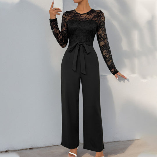 Damen Spitzen-Einteiler mit Taillengürtel und weitem Bein Shop Nory