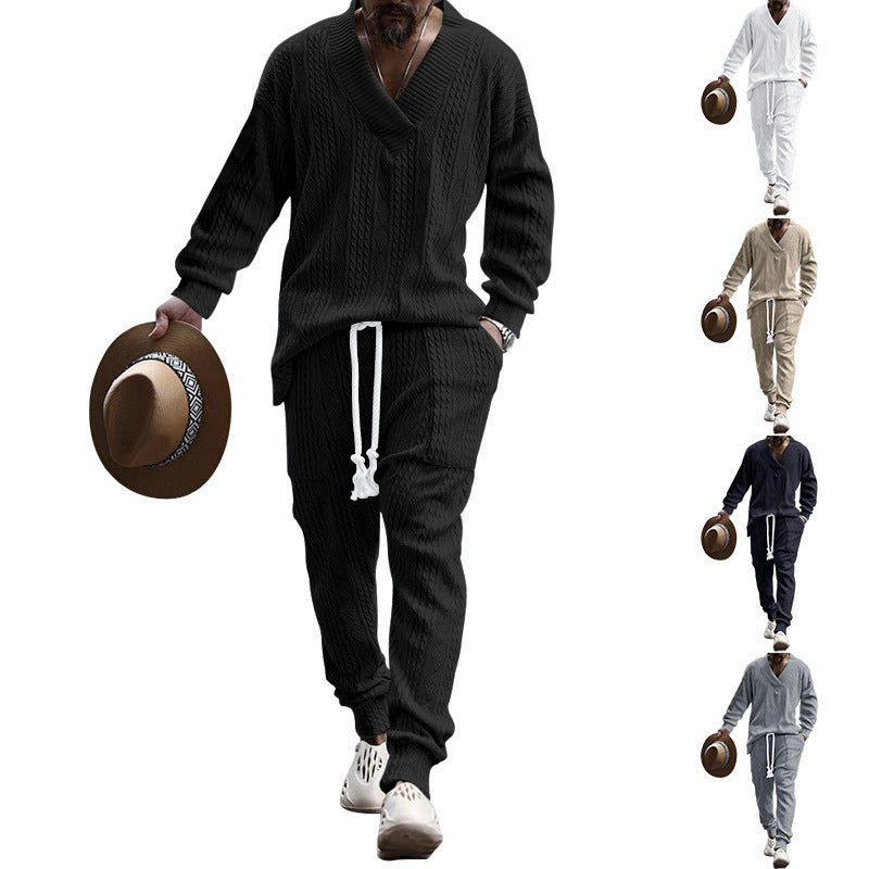 Herren nan grobes Strick-Loungewear-Set mit tiefem V‑Ausschnitt, Kordelzughose und Rippbündchen Shop Nory