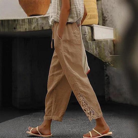 Damen luftige Leinenhose mit dekorativen Stickereien