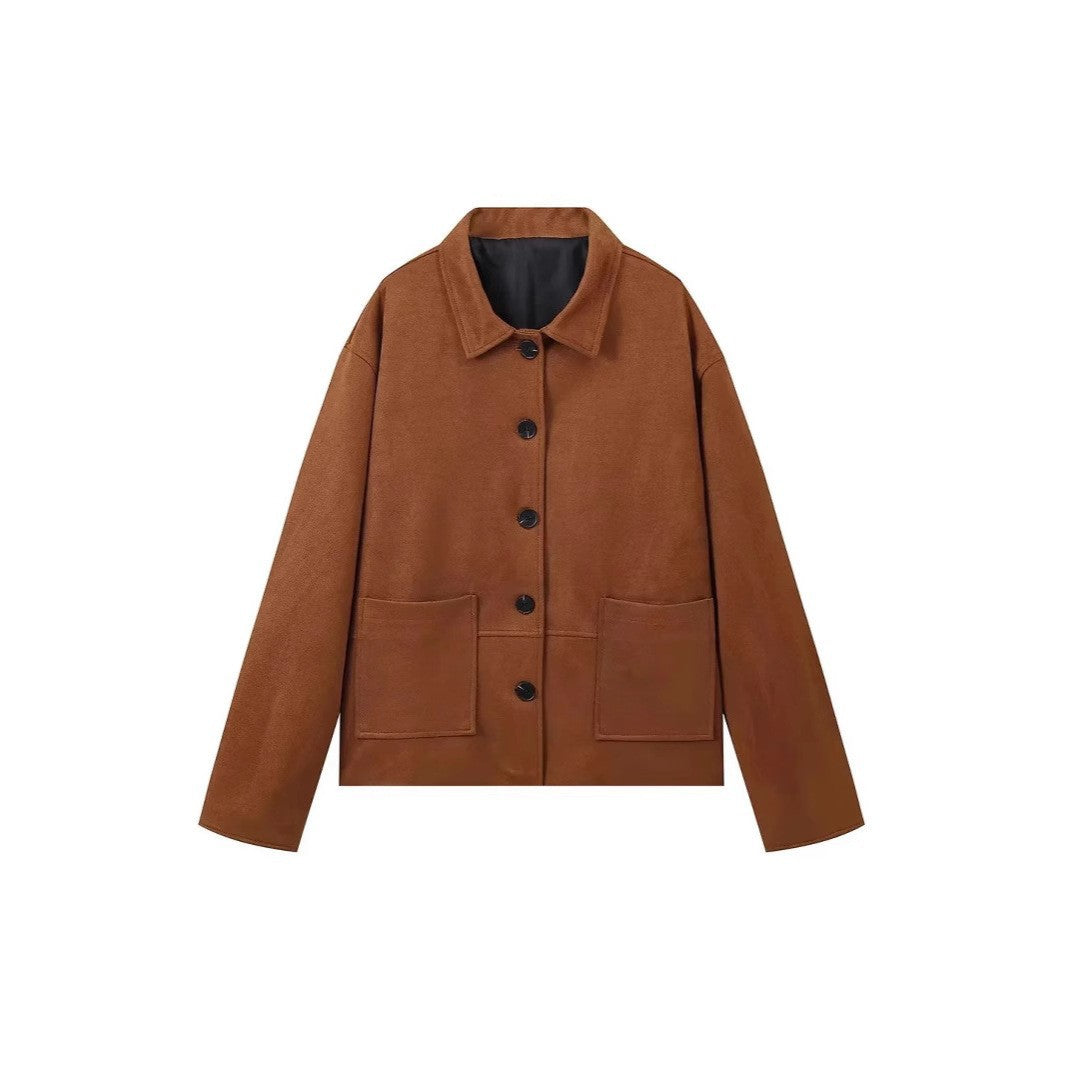 Damen Velourslederjacke mit weitem Schnitt, Hemdkragen und aufgesetzten Taschen Shop Nory