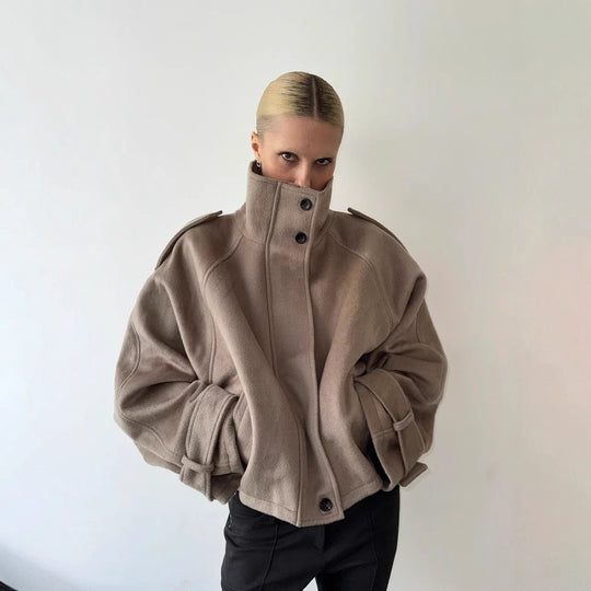 Damen Oversized Woll-Cropped-Jacke mit hohem Stehkragen und Ballonärmeln Shop Nory