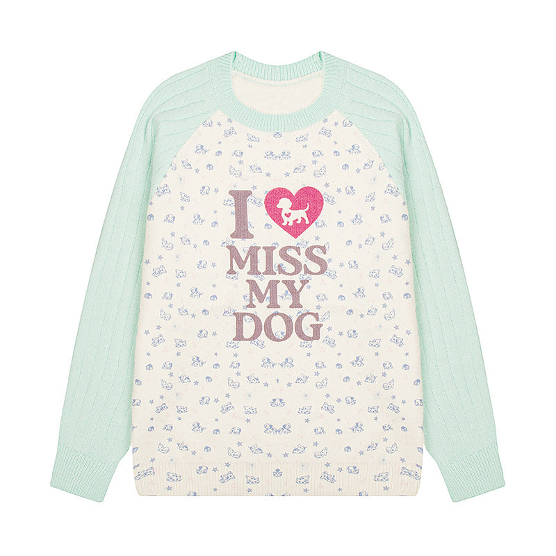 Damen Strickpullover mit Raglanärmeln, Allover-Hundemotiv und Statement-Print Shop Nory