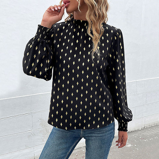 Damen Elegante Rüschen-Stehkragen-Bluse mit Puffärmeln und Smokbündchen Shop Nory