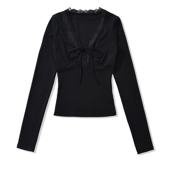 Damen Langarm-Shirt mit Spitzen-V-Ausschnitt und Bindeband Shop Nory