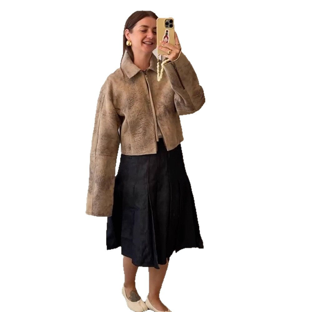 Damen Kurz geschnittene Velourslederjacke in Used‑Optik mit extra langen Ärmeln und Zwei‑Wege‑Reißverschluss Shop Nory