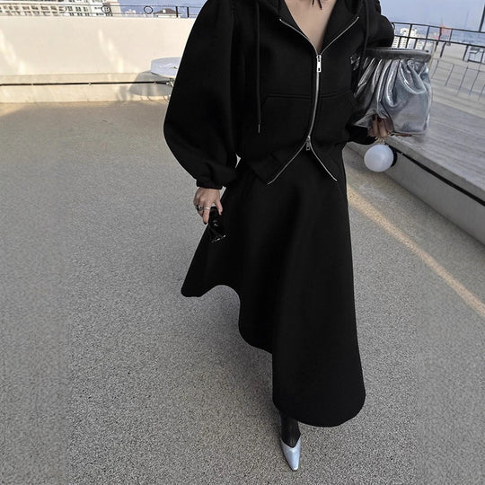 Damen Elegantes Sweatset aus Scuba‑Jersey mit Ballonärmeln und ausgestelltem Midirock Shop Nory