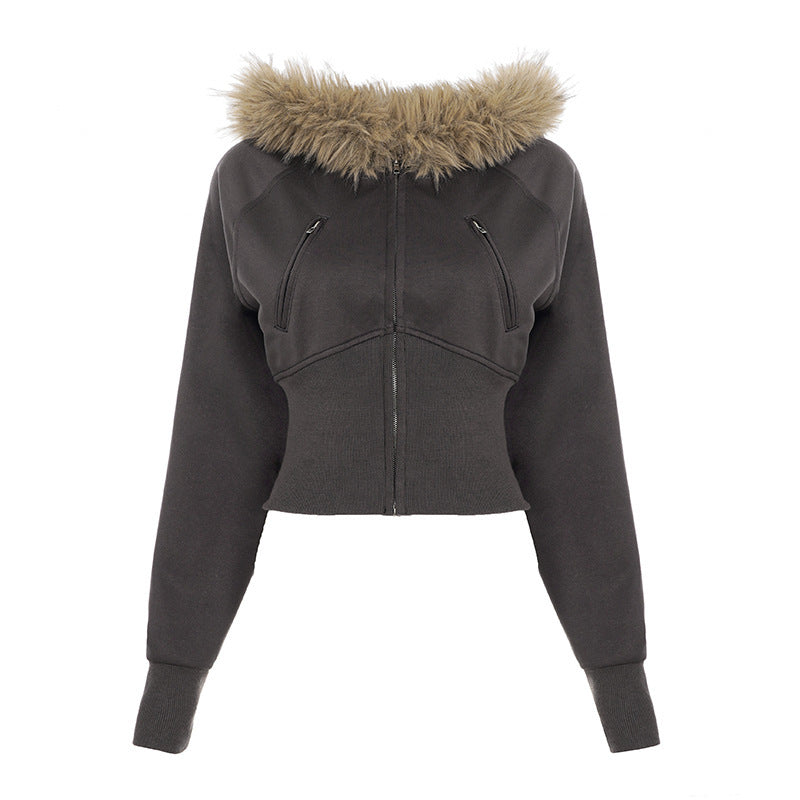 Damen nan kurz geschnittene Kapuzenjacke mit Kunstfellkapuze, Reißverschluss und tailliertem Bündchen Shop Nory