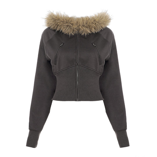 Damen nan kurz geschnittene Kapuzenjacke mit Kunstfellkapuze, Reißverschluss und tailliertem Bündchen Shop Nory