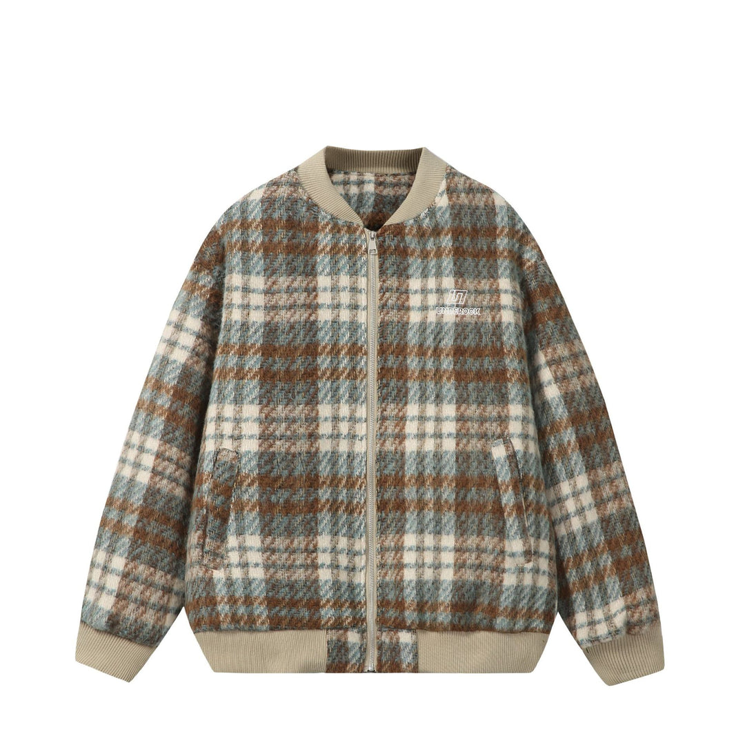 Unisex Kurzer kastig geschnittener Wollmix‑Bomber mit Karomuster und Rippenbund Shop Nory