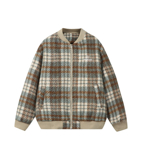 Unisex Kurzer kastig geschnittener Wollmix‑Bomber mit Karomuster und Rippenbund Shop Nory