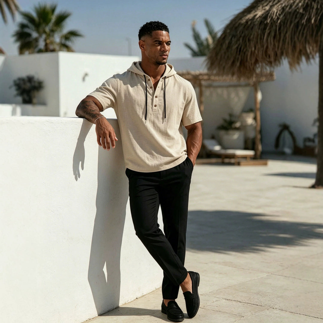 Herren Kurzarm-Hoodie-Henley aus Leinenoptik mit Knopfleiste Shop Nory