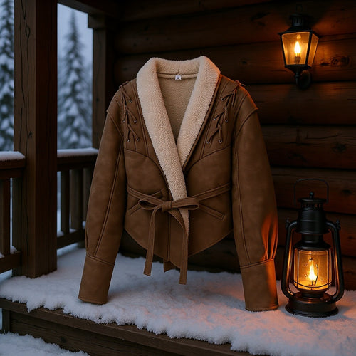 Damen Kurzjacke im Aviator‑Look mit Sherpa‑Futter, Bindegürtel und Schulter‑Schnürung Shop Nory