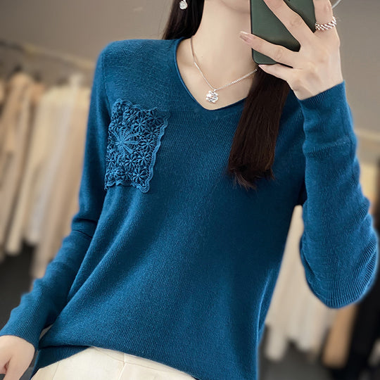 Damen Kaschmir‑Optik V‑Ausschnittpullover mit floraler Häkelapplikation Shop Nory
