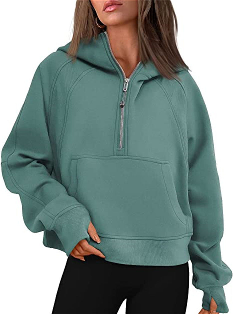 Damen Oversize-Hoodie mit halbem Reißverschluss, Kängurutasche und Daumenlöchern Shop Nory