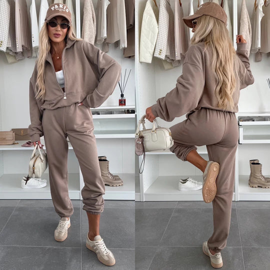 Damen kuscheliger Freizeit-Jogginganzug mit halbem Reißverschluss, Kängurutasche und elastischen Bündchen Shop Nory