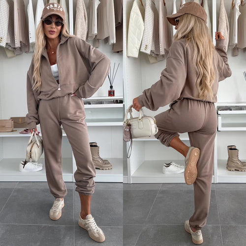 Damen kuscheliger Freizeit-Jogginganzug mit halbem Reißverschluss, Kängurutasche und elastischen Bündchen Shop Nory
