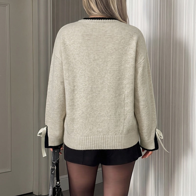 Damen Oversize-Feinstrickpullover mit kontrastgerippter Passe und Schleifen-Details Shop Nory