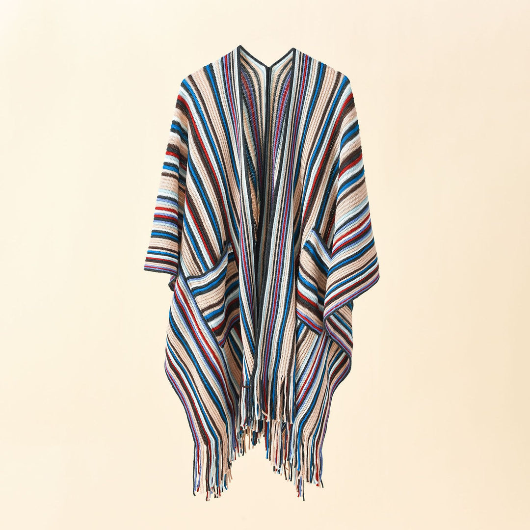 Damen Gestreifter Strickponcho mit Fransen und Eingrifftaschen Shop Nory