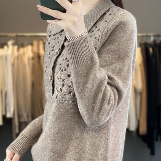 Damen Strickpullover mit gehäkelter Ajour‑Blende und Polokragen Shop Nory