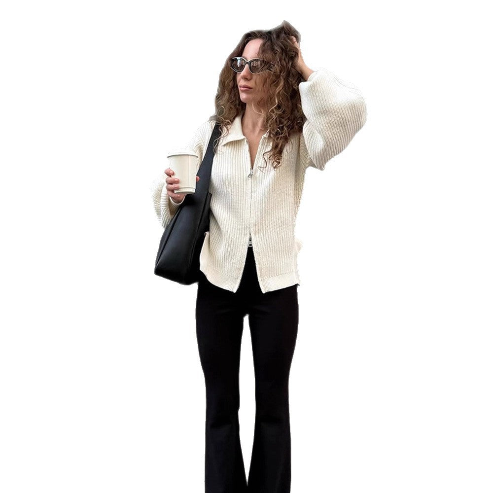 Damen Gerippte Strickjacke mit Reißverschluss, Hemdkragen & Ballonärmeln Shop Nory