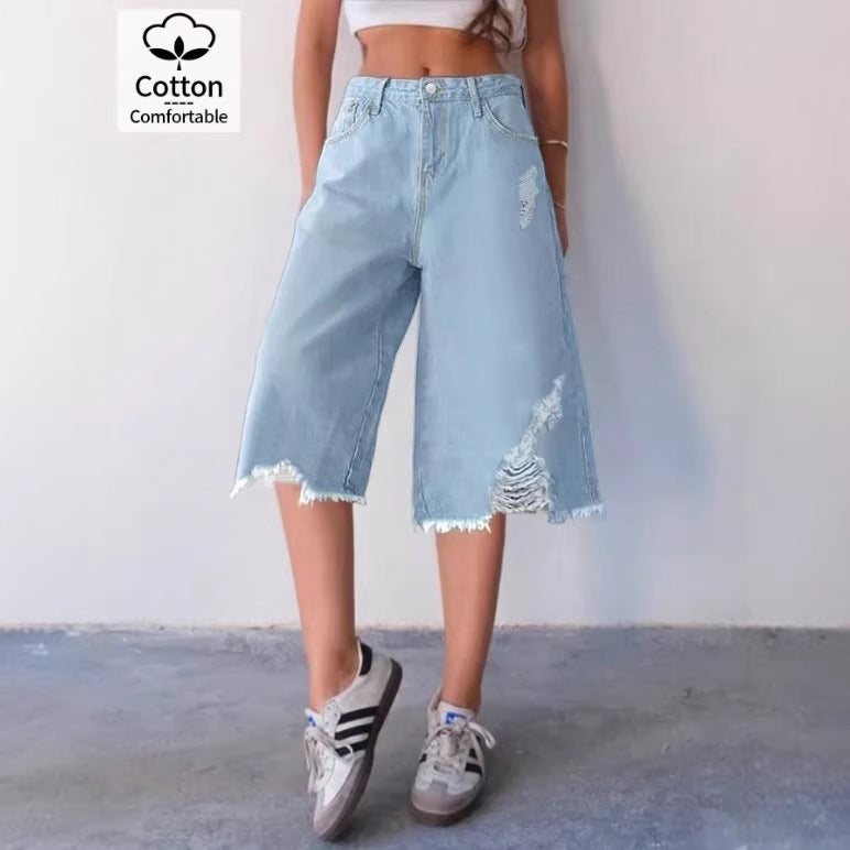 Damen Weite Denim-Culotte mit hohem Bund, Distressed-Details und rohem Saum Shop Nory