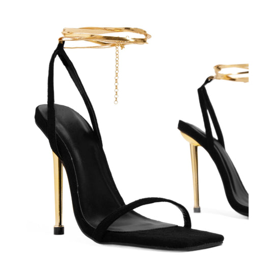 Damen Elegante Riemchen-Sandaletten mit hohem Absatz und goldenen Akzenten