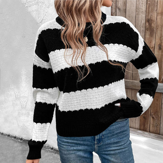 Damen Oversize-Fisherman-Strickpullover mit Blockstreifen, Ajourstruktur und gerippten Bündchen Shop Nory